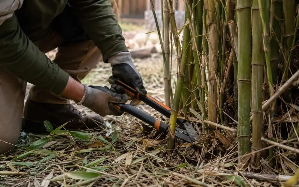 Crew member cutting bamboo culms at ground level with loppers